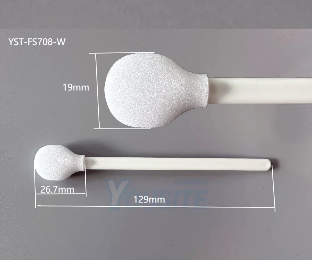  Cleanroom Foam Swab FS708 features a large circular head rigidly sealed to a long compact handle forming firm support on cushioning the foam. Dimensional specifications chart